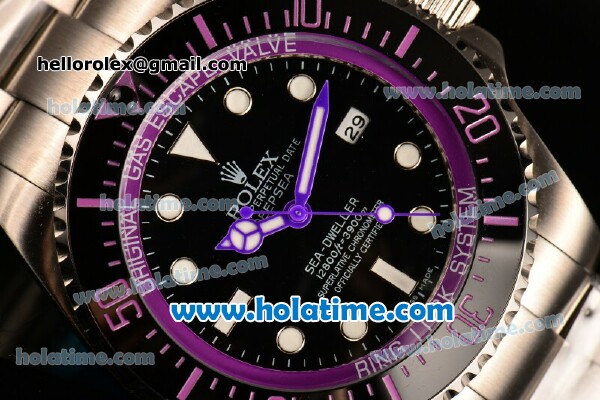 Rolex Sea-Dweller Deepsea Asia 2813 Automatic Steel Case/Strap with Black Dial and Purple Diver Index - Click Image to Close
